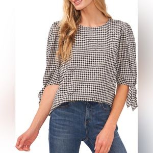 CeCe Pink and White Gingham Top with Tie Sleeves, XL